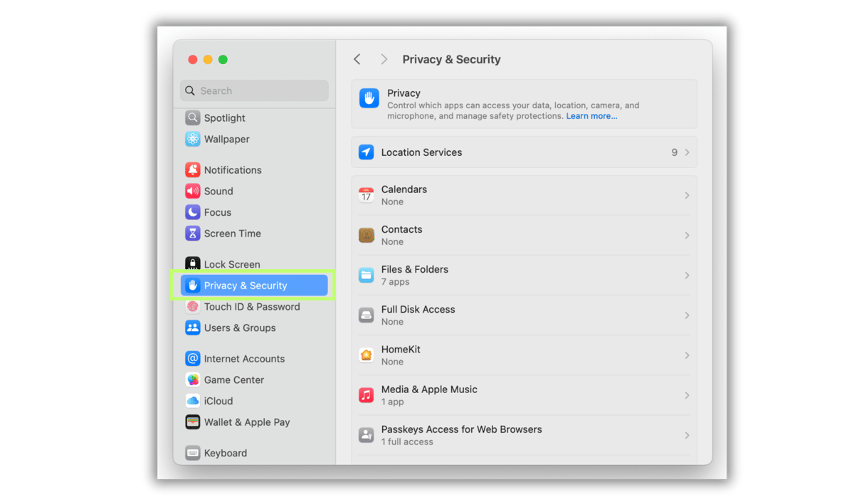 System Settings di MacBook
