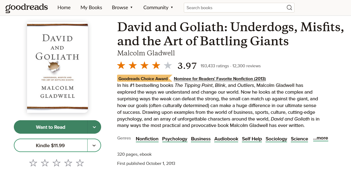 Review “David and Goliath: Underdogs, Misfits, and the Art of Battling Giants” (tangkapan layar Goodreads)