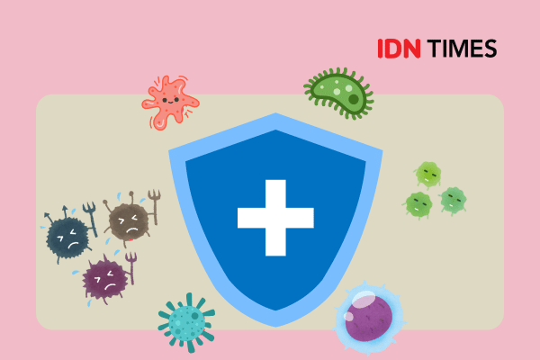 Ilustrasi sistem imun dengan perisai biru bergambar tanda tambah putih yang melindungi dari berbagai virus dan bakteri berwarna-warni.