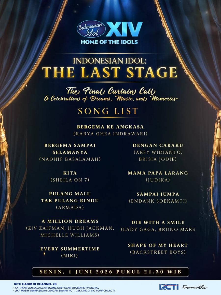 Poster Indonesian Idol XIV The Last Stage menampilkan daftar lagu final seperti Bergema ke Angkasa, Kita, dan Shape of My Heart dengan jadwal tayang 1 Juni 2026 di RCTI.