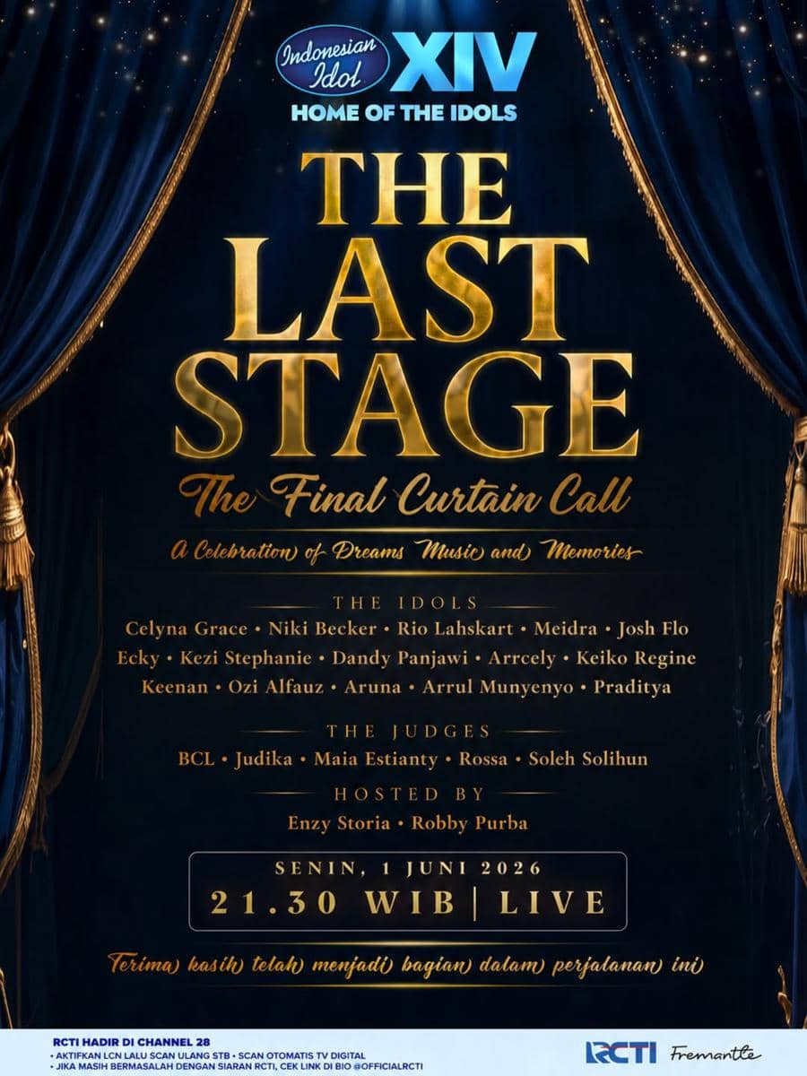 Poster acara Indonesian Idol XIV bertajuk The Last Stage dengan daftar finalis, juri, dan jadwal tayang live di RCTI pada 1 Juni 2026 pukul 21.30 WIB.