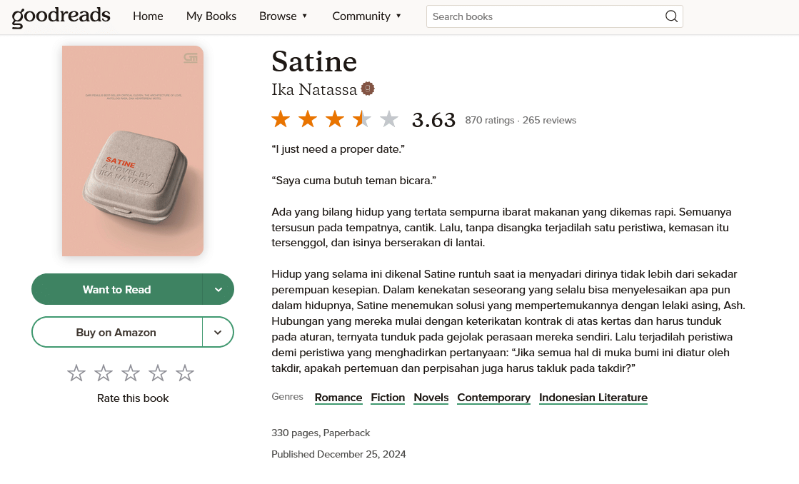 Review novel “Satine” (foto via tangkapan layar Goodreads)