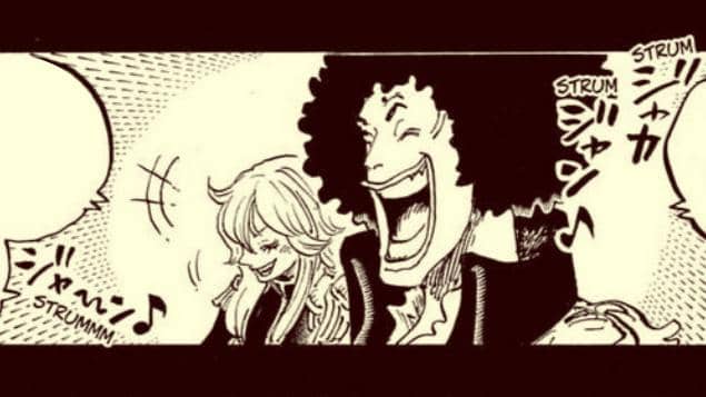 Shuri dan Brook dari manga One Piece sedang tertawa bersama sambil memainkan alat musik dengan ekspresi ceria.