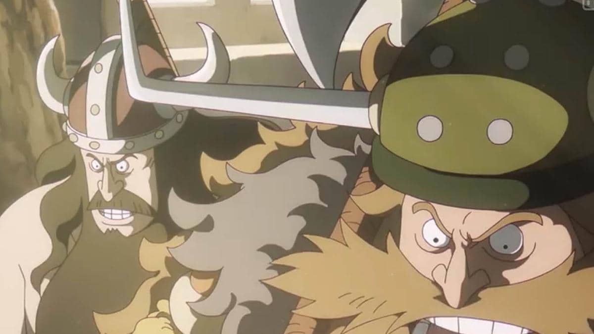 Dua karakter raksasa berwajah marah mengenakan helm bertanduk dan pakaian berbulu dalam adegan anime One Piece.