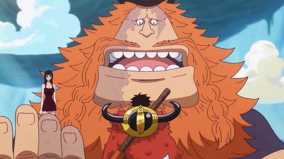 Luffy berdiri di depan raksasa berambut oranye sambil mencoba berterima kasih dengan gaya formal, bersama seorang wanita di tangannya.