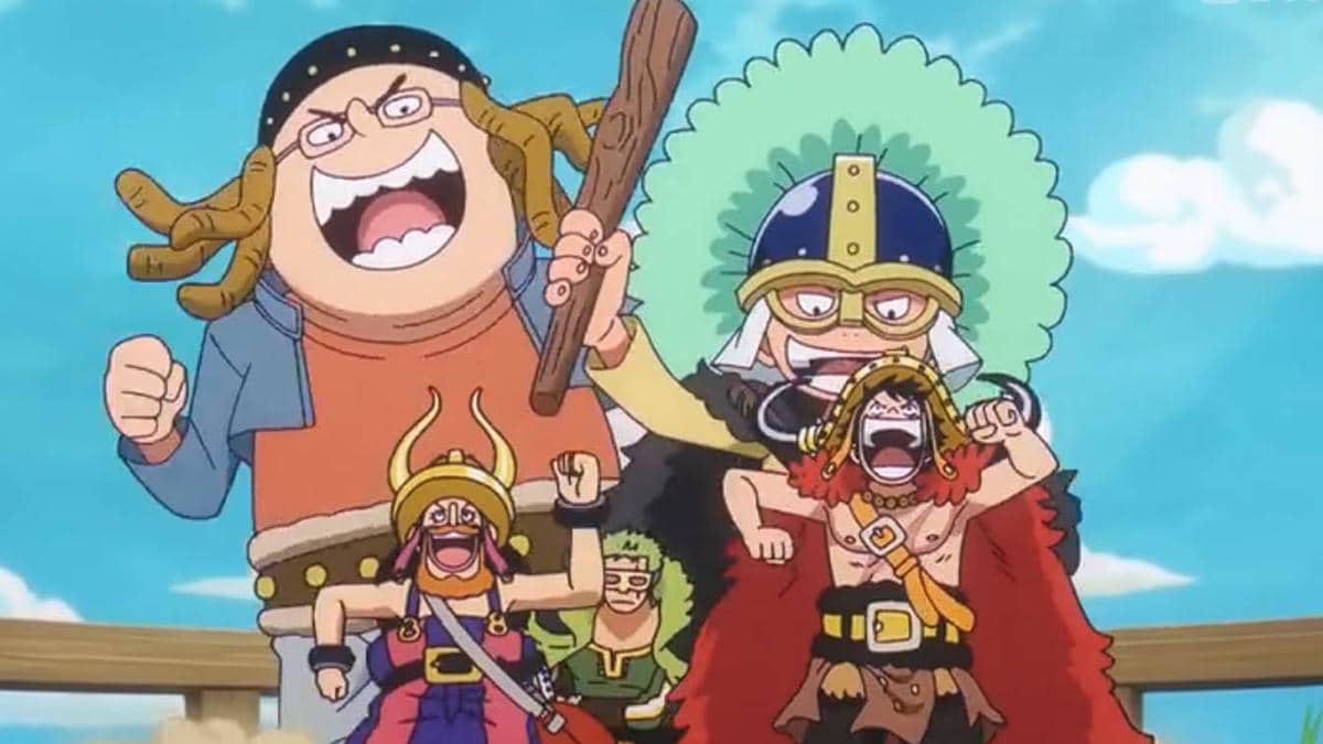 Luffy dan kru Topi Jerami tertawa bersama anak-anak raksasa di atas kapal dengan latar langit cerah dalam adegan anime One Piece.