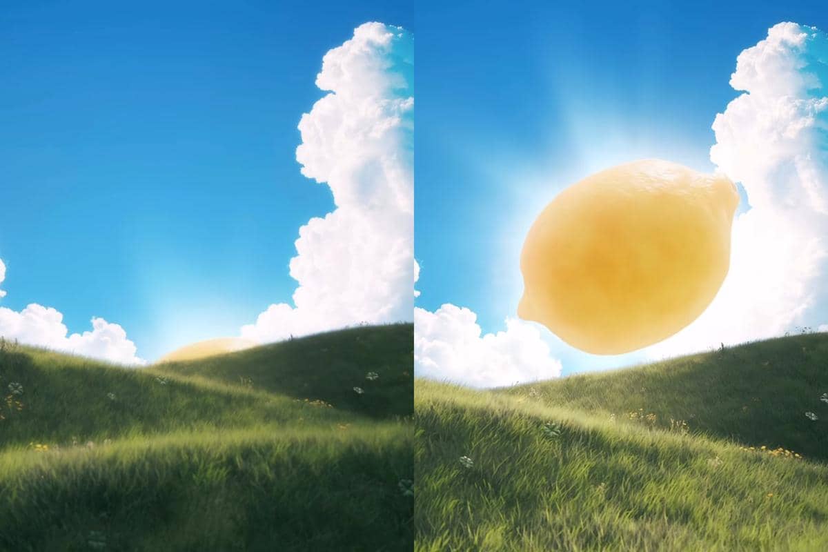 Pemandangan perbukitan hijau dengan langit biru cerah dan awan putih besar, menampilkan lemon raksasa bersinar di langit.