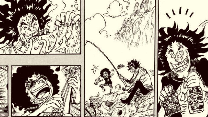 Reuven dan Brook dari manga One Piece sedang bersantai di tepi pantai, memancing dan bermain musik dengan ekspresi gembira.