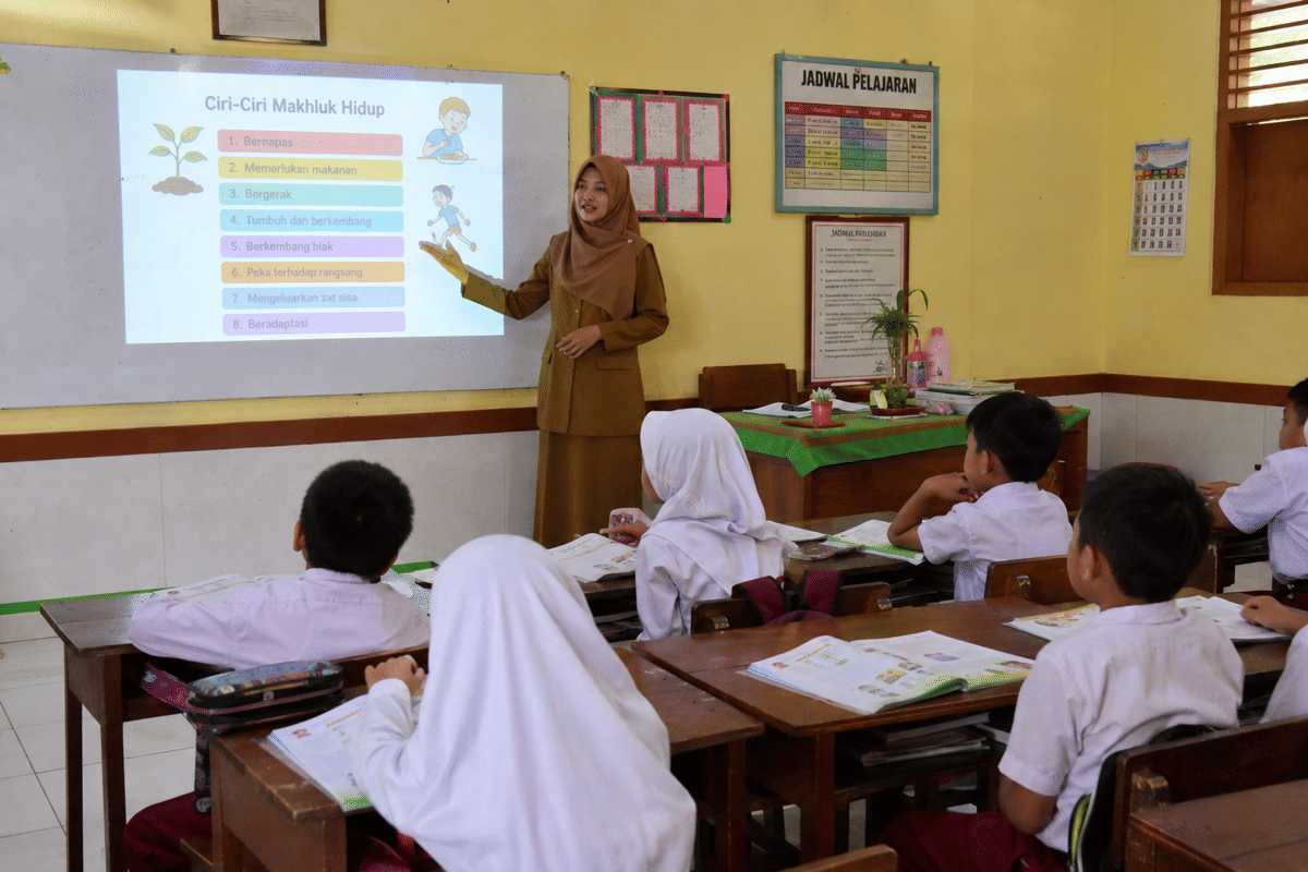 Guru sedang mengajar siswa SD di kelas menggunakan media pembelajaran.