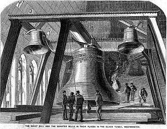 Ukiran tahun 1858 dari The Illustrated News of the World ini menggambarkan pemasangan "Lonceng Besar" (Big Ben) dan empat "Lonceng Seperempat" yang lebih kecil di dalam Menara Jam Istana Westminster.