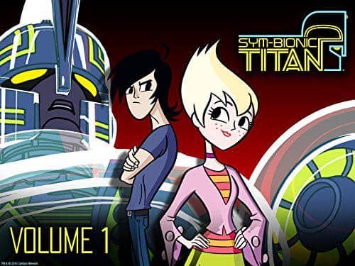 Dua karakter animasi berdiri membelakangi dengan robot besar di belakang mereka dalam poster serial animasi Sym-Bionic Titan Volume 1.