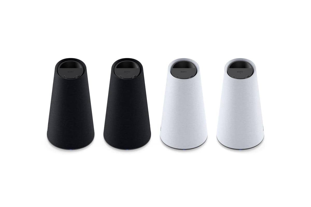 Empat speaker nirkabel Pulse Elevate berwarna hitam dan putih dengan desain kerucut modern dari Sony Interactive Entertainment.