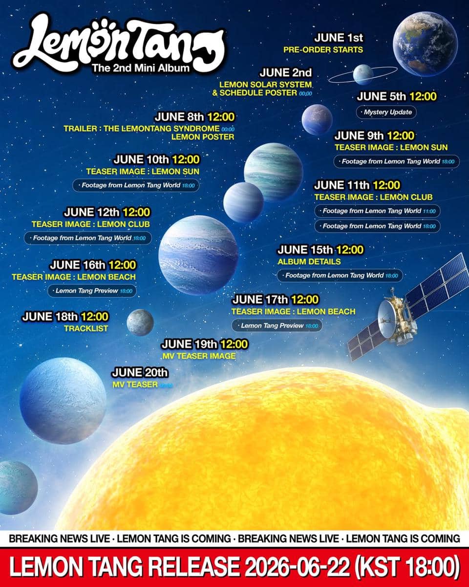 Poster jadwal rilis mini album kedua Hearts2Hearts berjudul Lemon Tang dengan tema tata surya dan tanggal perilisan 22 Juni 2026.