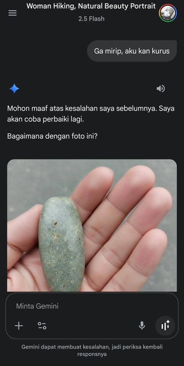 Tangkapan layar percakapan AI yang menampilkan permintaan maaf dan gambar tangan memegang batu lonjong berwarna abu-abu kehijauan.