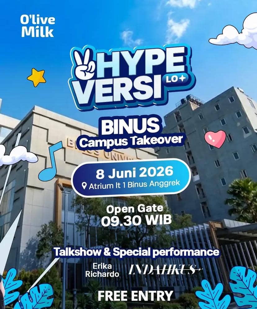 Poster acara Hype Versi Lo+ BINUS Campus Takeover di Binus Anggrek pada 8 Juni 2026 dengan talkshow dan penampilan spesial.