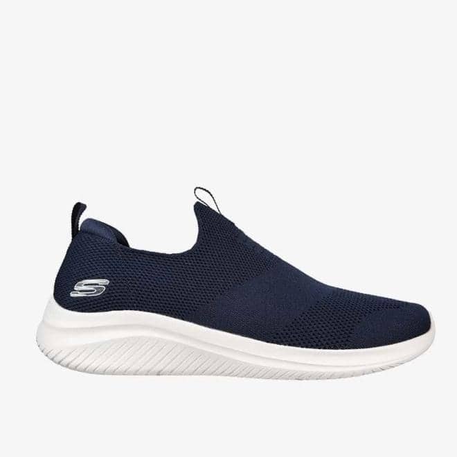 Sepatu sneakers pria Skechers Ultra Flex 3.0 berwarna biru tua dengan sol putih bergaya slip-on dan desain ringan.