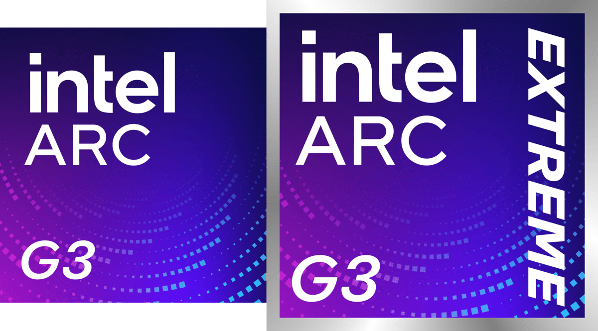 Dua badge grafis Intel Arc G3 dan Arc G3 Extreme dengan latar gradasi ungu dan biru serta pola titik melingkar futuristik.