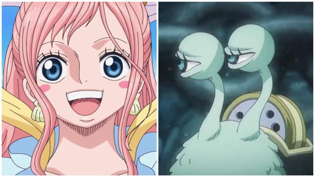 Perbandingan karakter anime Shirahoshi dengan Den Den Mushi Mosako dari serial One Piece yang menunjukkan kemiripan pada bentuk mata.