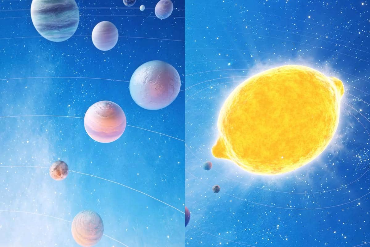 Ilustrasi tata surya berwarna cerah dengan planet-planet berwarna pastel dan matahari berbentuk lemon bercahaya di latar biru.