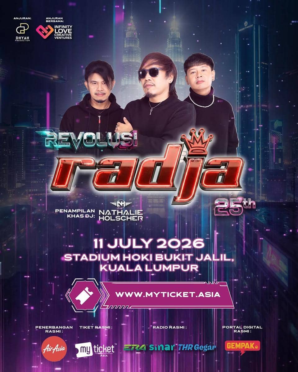Poster konser Radja bertajuk Revolusi 25th yang akan digelar di Stadium Hoki Bukit Jalil, Kuala Lumpur pada 11 Juli 2026.