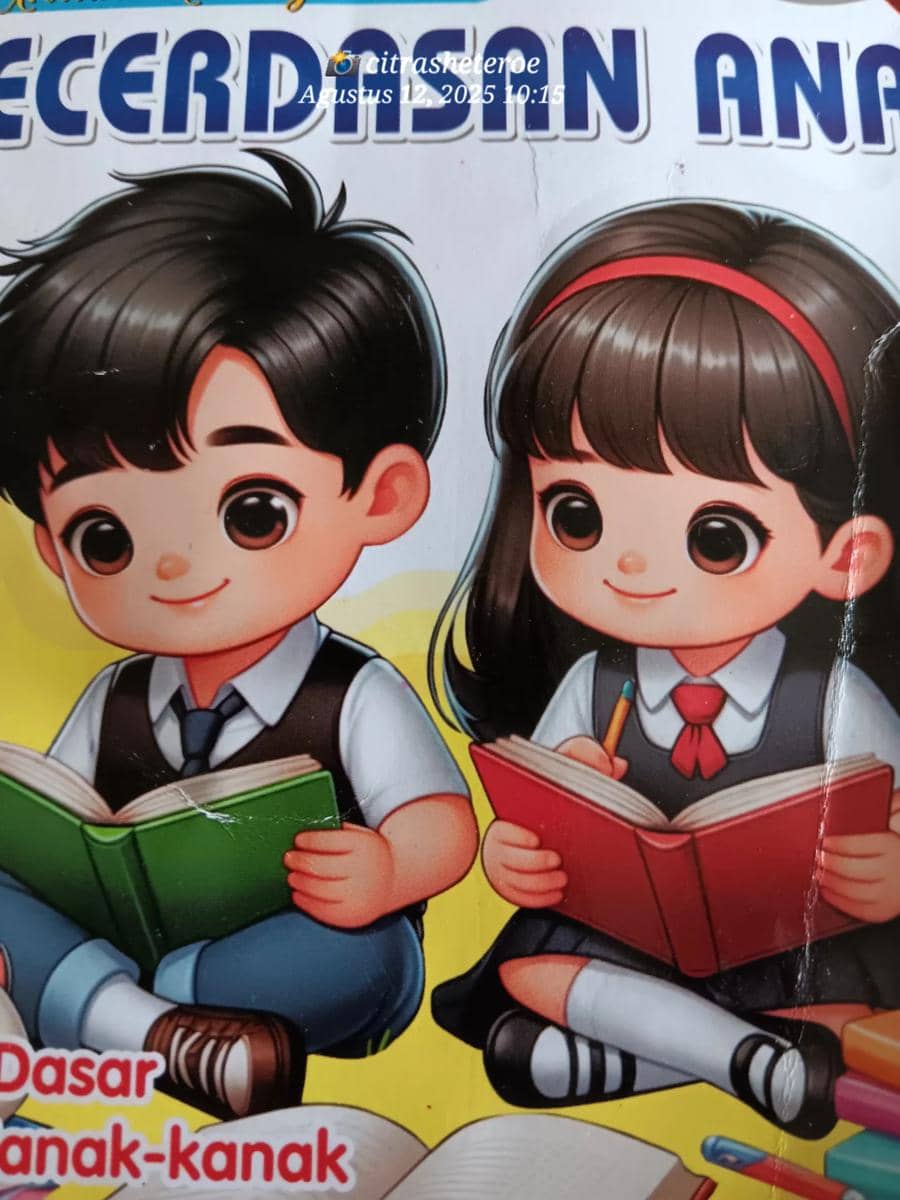 Ilustrasi dua anak kecil bergaya kartun sedang membaca buku, mengenakan seragam sekolah dengan latar berwarna cerah.