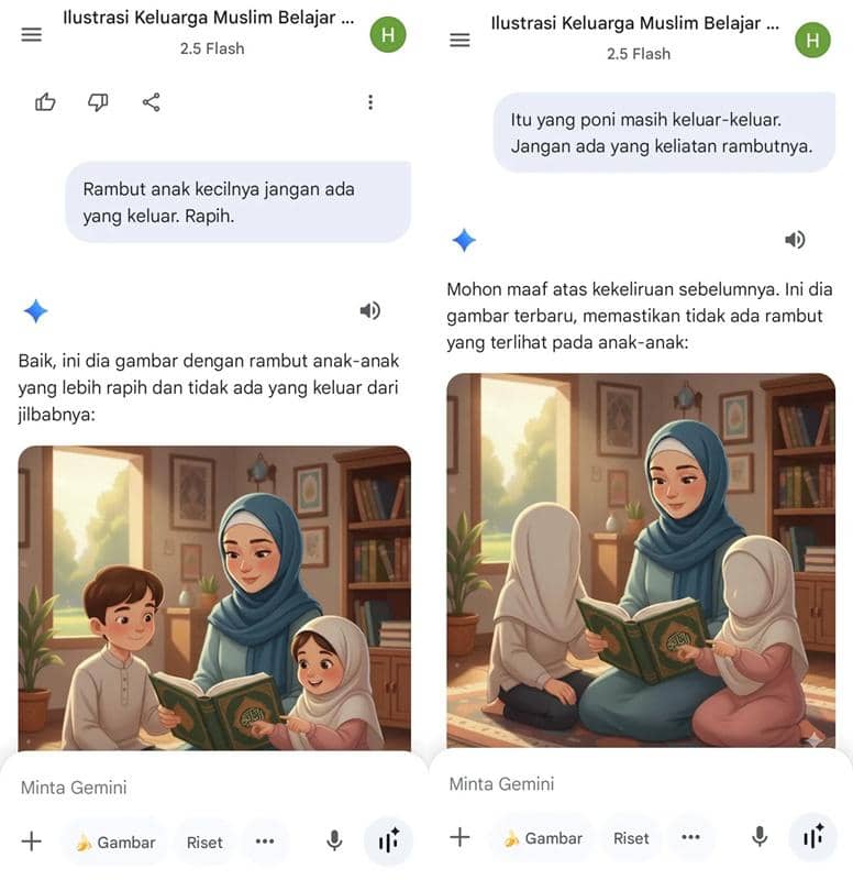 Tangkapan layar percakapan AI yang menampilkan dua ilustrasi keluarga Muslim belajar bersama, dengan perbedaan pada detail rambut anak-anak yang ditutupi jilbab.