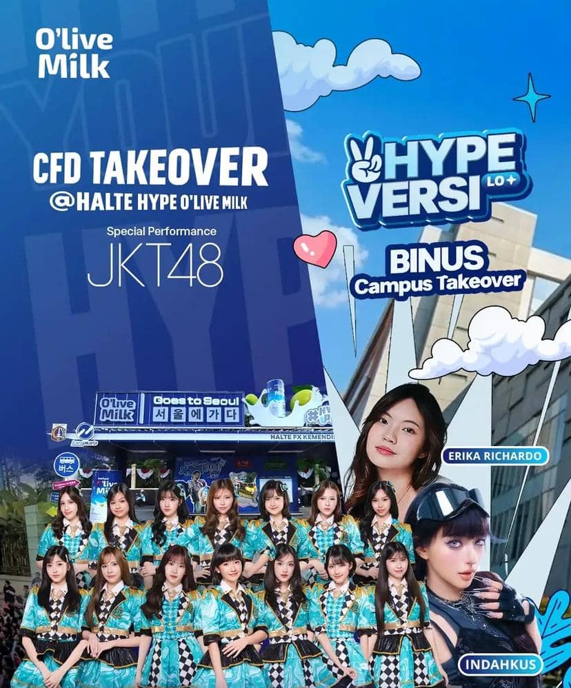 Poster acara CFD Takeover di Halte Hype O’live Milk menampilkan JKT48, Erika Richardo, dan Indahkus dengan latar biru cerah.