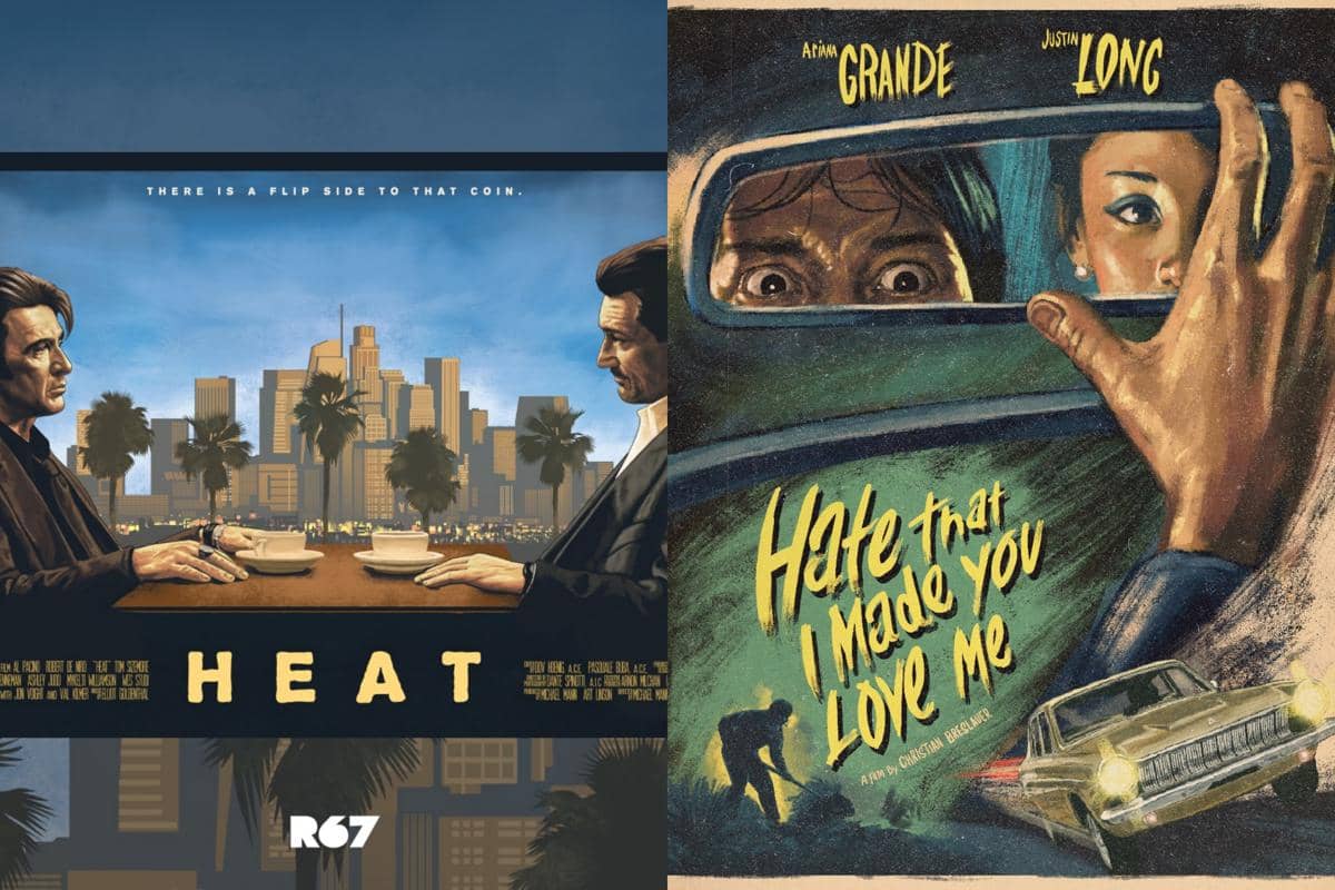 Poster film Heat tahun 1995 dengan dua pria duduk berhadapan di depan latar kota, berdampingan dengan poster bergaya retro Hate That I Made You Love Me.