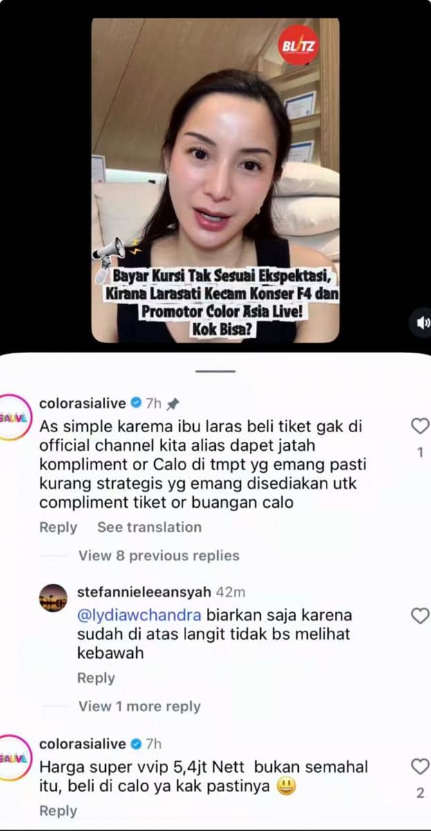 Kirana Larasati berbicara dalam video dengan teks tentang kritiknya terhadap konser F4 dan promotor Color Asia Live, disertai tanggapan dari akun media sosial promotor.