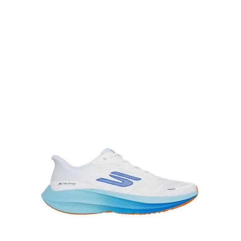 Sepatu Skechers Slip-Ins SKX Aero Pulse berwarna putih dengan sol biru gradasi dan logo biru di sisi samping.
