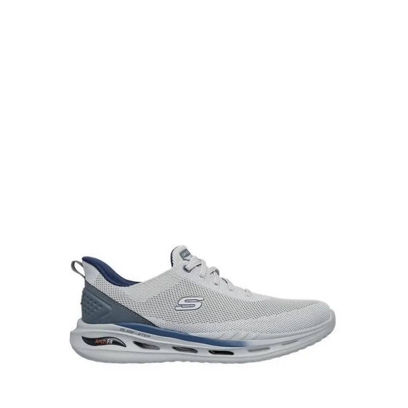 Sepatu Skechers Slip-Ins Arch Fit Orvan pria berwarna abu-abu dengan detail biru dan sol tebal berteknologi Arch Fit.