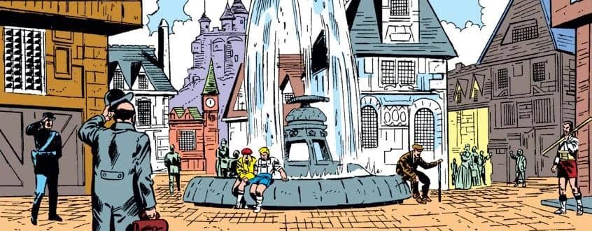 Ilustrasi kota Latveria dengan air mancur besar di tengah alun-alun, dikelilingi bangunan bergaya Eropa dan beberapa orang berjalan.