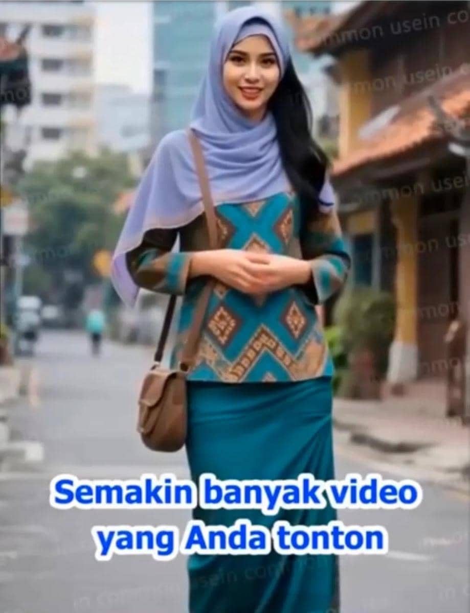 Perempuan berhijab ungu dan berkebaya modern warna biru toska berjalan di jalan kota dengan latar gedung dan rumah tradisional.