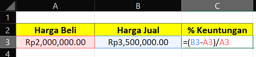 Tabel Microsoft Excel berisi kolom harga beli, harga jual, dan persentase keuntungan dengan rumus perhitungan di sel C3.