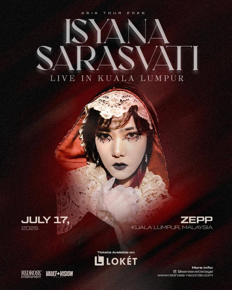 Poster konser Isyana Sarasvati Live in Kuala Lumpur 2026 menampilkan penyanyi dengan busana merah dan riasan artistik.