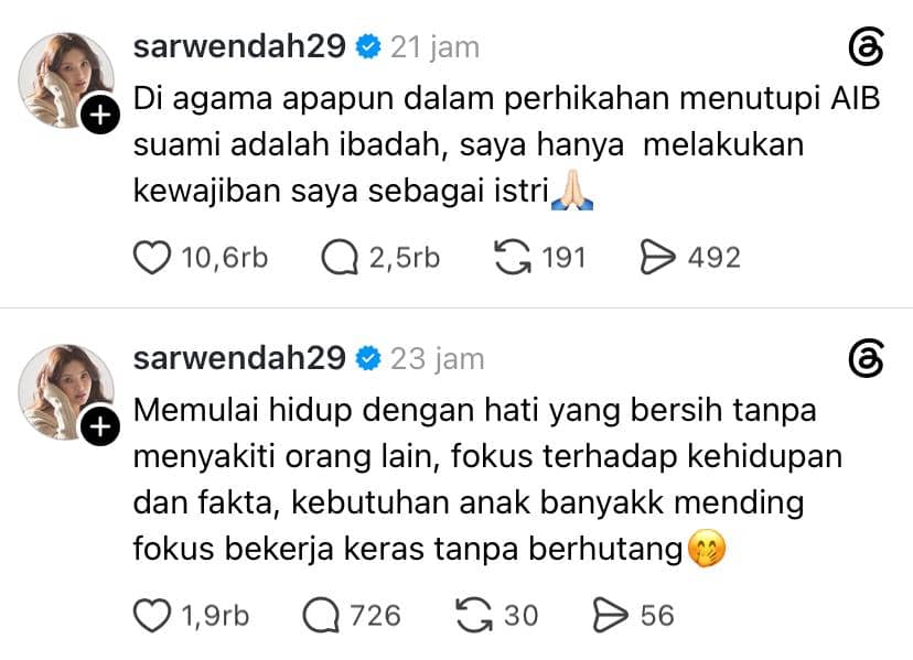 Tangkapan layar dua unggahan akun Threads sarwendah29 berisi pesan tentang kewajiban istri dan pentingnya hidup jujur serta bekerja keras.