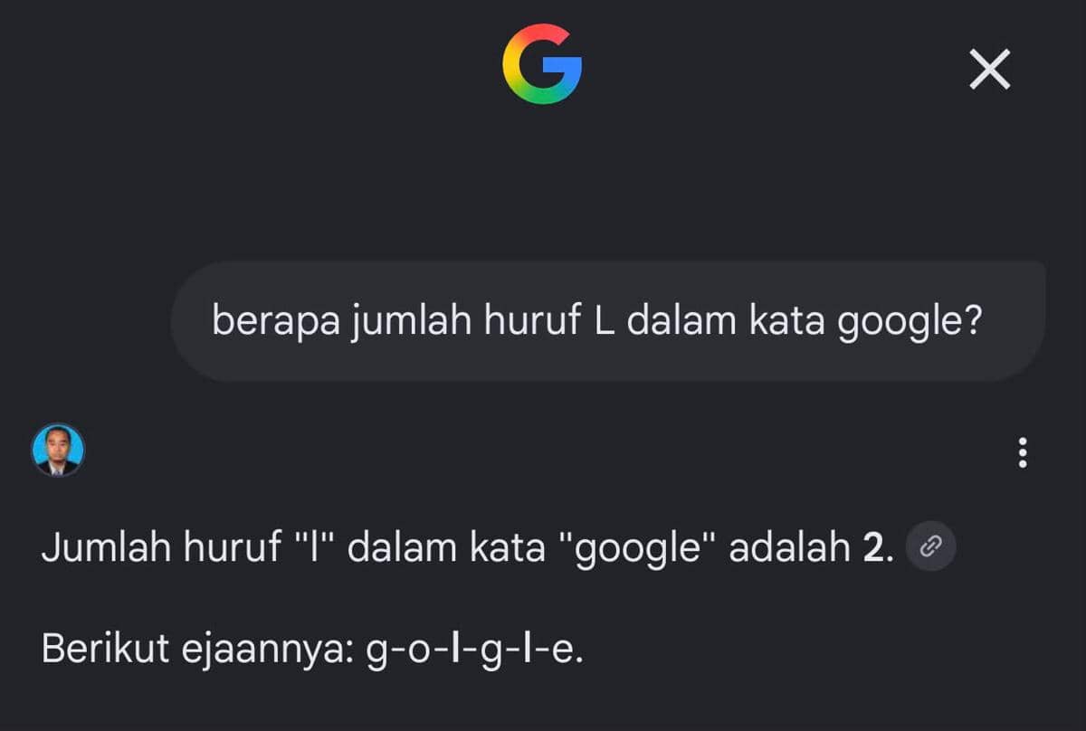 Tangkapan layar lucu dari hasil pencarian Google yang salah menghitung jumlah huruf L dalam kata google.