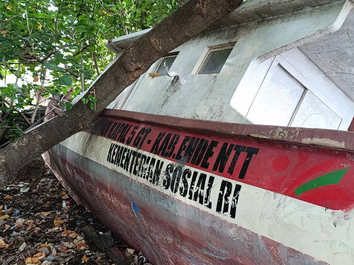 Kapal bantuan Kementerian Sosial RI untuk nelayan Ende terlihat rusak dan tertimpa pohon di area yang dipenuhi daun kering.