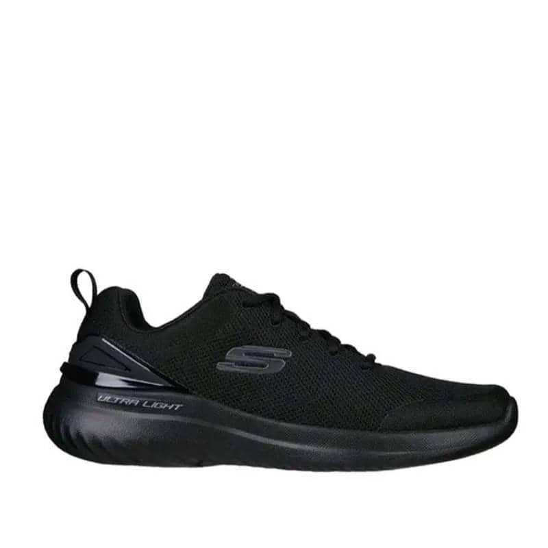 Sepatu olahraga pria Skechers Bounder berwarna hitam dengan desain ringan dan sol empuk untuk kenyamanan maksimal.