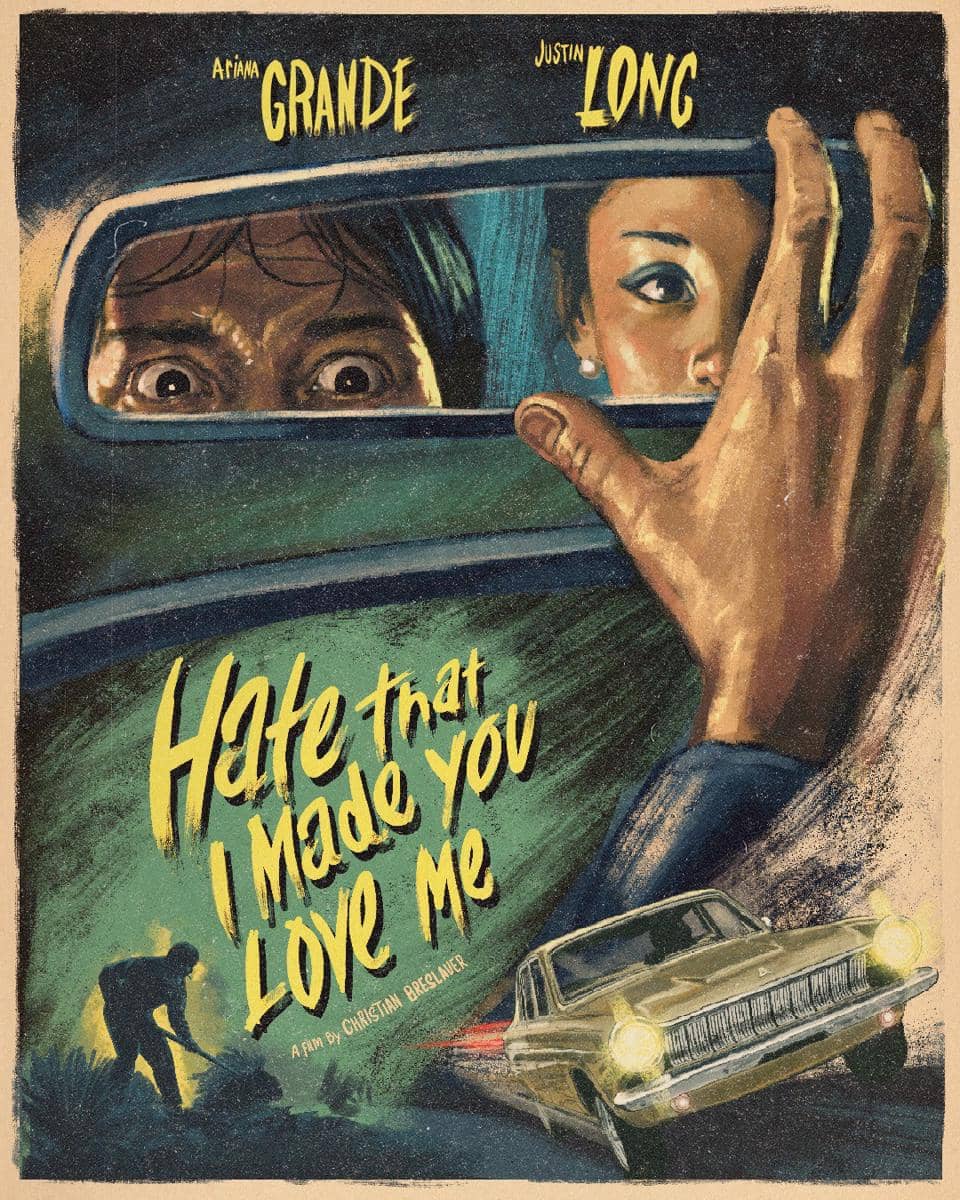 Poster bergaya retro berjudul Hate That I Made You Love Me menampilkan dua wajah di kaca spion, tangan besar, dan mobil klasik di malam hari.