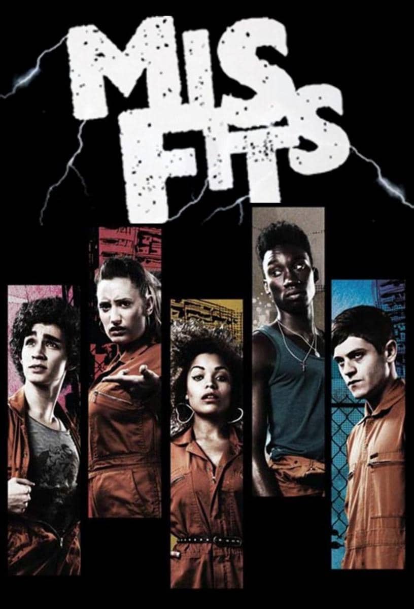 Poster serial Misfits menampilkan lima karakter utama mengenakan pakaian oranye dengan latar warna berbeda dan logo besar di atas mereka.
