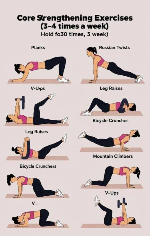 Ilustrasi latihan penguatan otot inti dengan berbagai gerakan seperti planks, russian twists, leg raises, dan bicycle crunches.