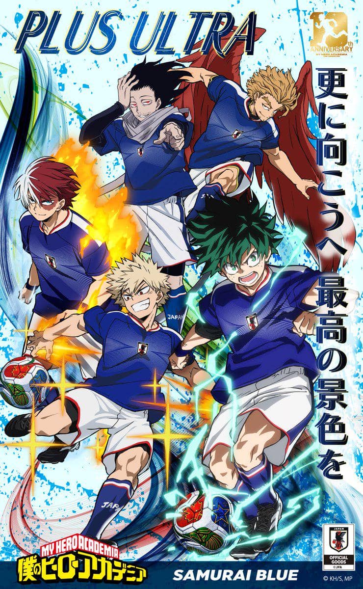 Ilustrasi karakter anime My Hero Academia mengenakan seragam Timnas Jepang dalam kolaborasi bertema sepak bola berwarna biru.