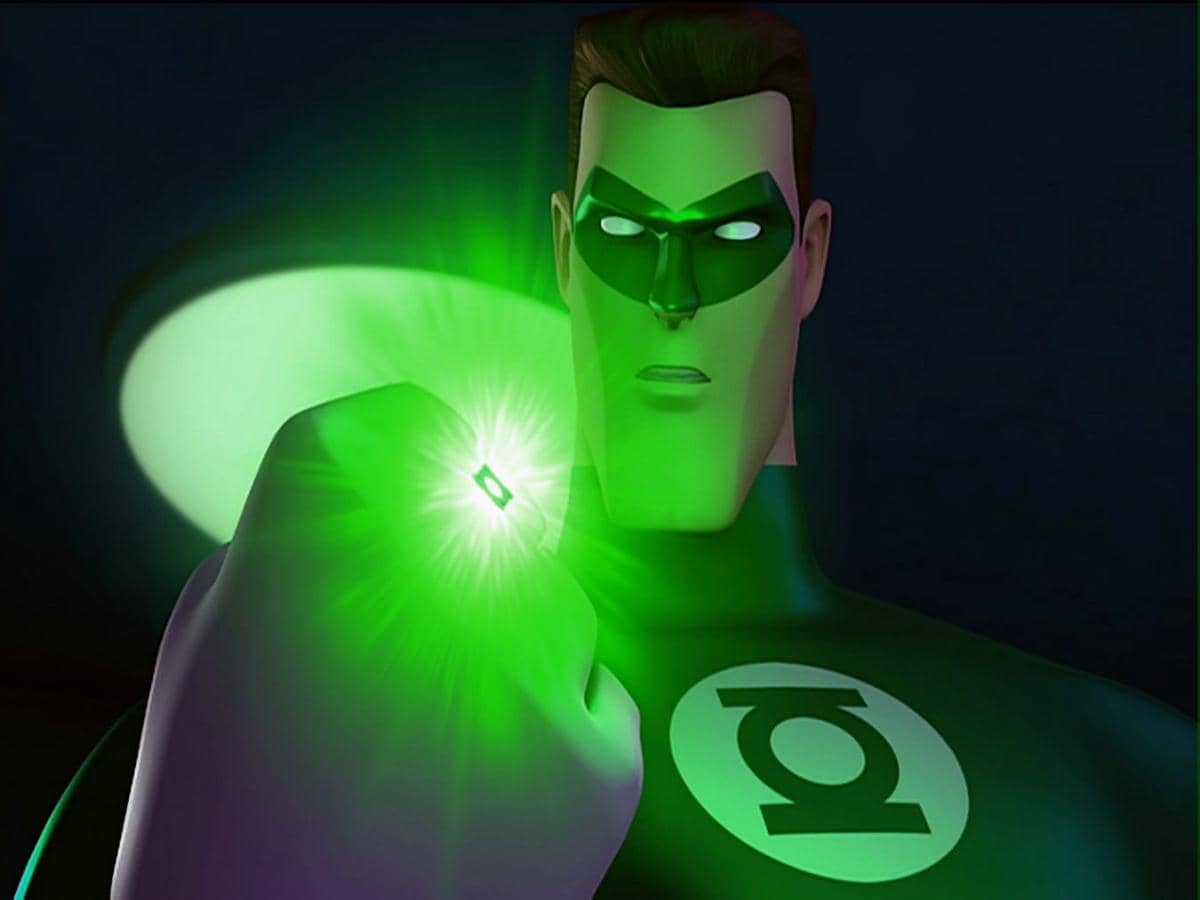 Karakter animasi Green Lantern mengenakan kostum hijau dengan cincin bersinar hijau terang di tangannya dari serial animasi DC.