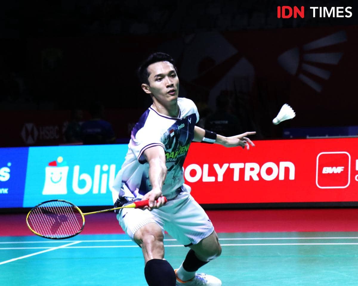 Aksi tunggal putra Indonesia, Jonatan Christie, saat menghadapi Jason Teh di 32 besar Indonesia Open 2026, Selasa (2/6/2026). 