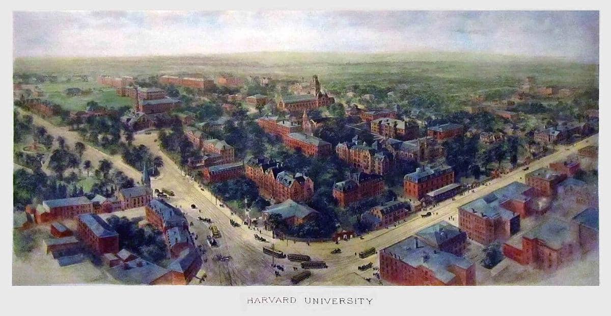 Lukisan cat air Universitas Harvard karya seniman Amerika Richard Rummell tahun 1906.