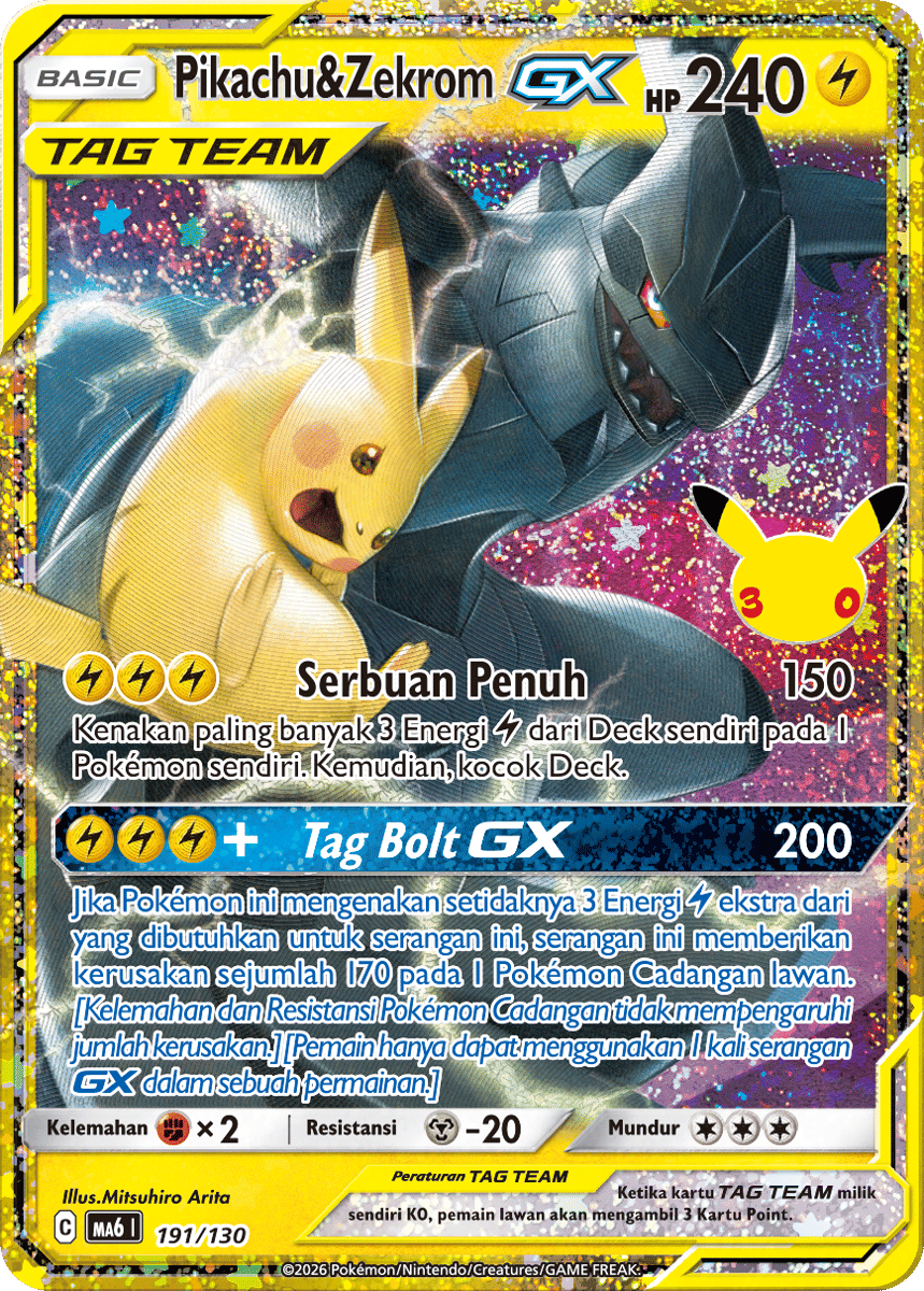 Kartu Pokémon Pikachu & Zekrom GX Tag Team dengan latar berkilau menampilkan desain dinamis dan detail serangan listrik.