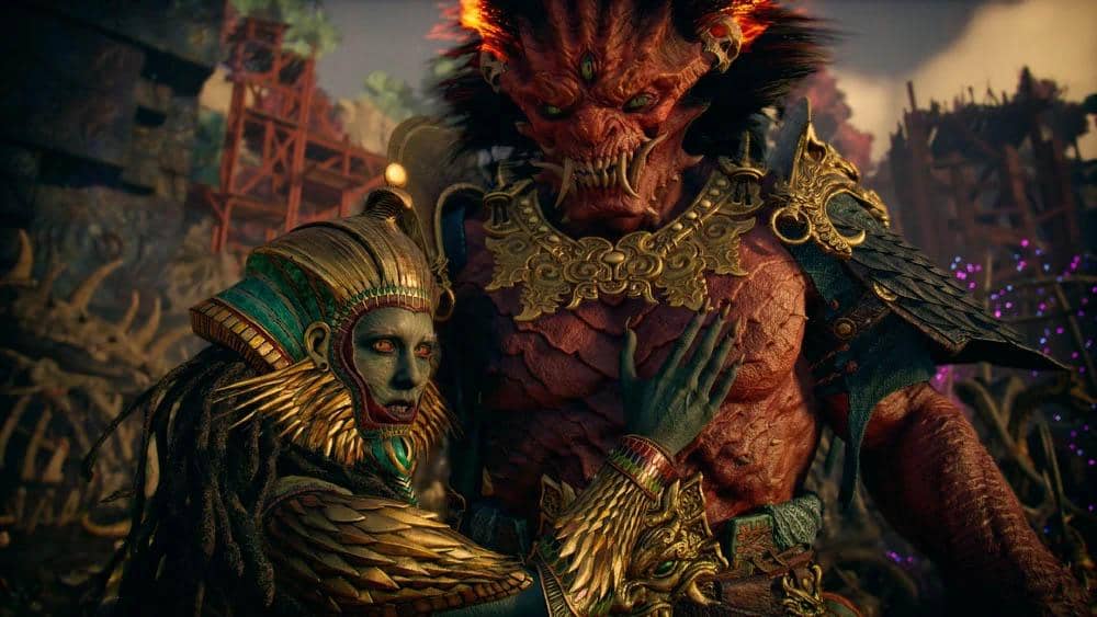 Dua karakter mitologi, Begtse dan Sekhmet, berdiri berdekatan dengan latar dunia fantasi penuh detail dari permainan God of War: Laufey.