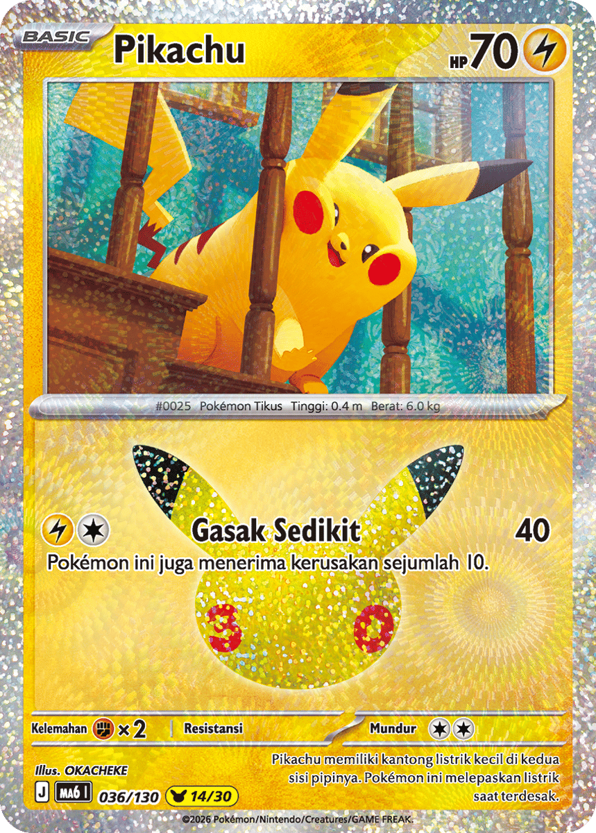 Kartu Pokémon Pikachu dengan latar berkilau menampilkan Pikachu tersenyum di antara pagar kayu, memiliki HP 70 dan serangan Gasak Sedikit.