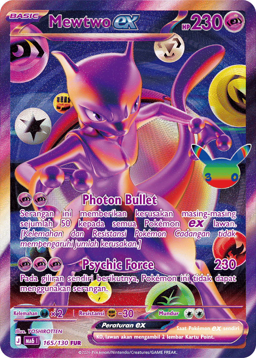 Kartu Pokémon Mewtwo EX dengan desain berwarna ungu metalik menampilkan Mewtwo dalam pose menyerang dengan latar simbol energi.